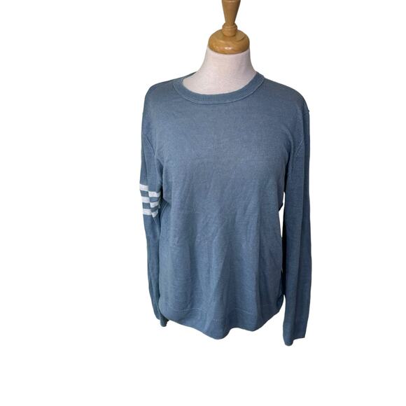 NAKED CASHMERE 100% Linen Blue Varsity Stripe Crewneck Sweater Medium N15028 - Picture 1 of 13